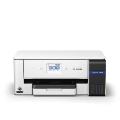 Impressora Epson branca com visor digital colorido e compartimento para tinteiros coloridos
