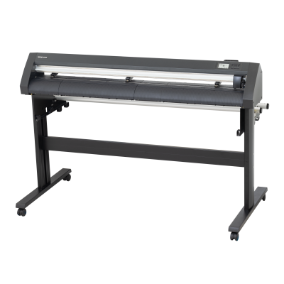 Plotter de grande formato preto e cinza com visor digital e rodas