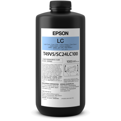 Frasco preto de tinta Epson LC 1000 ml com rótulo branco e azul