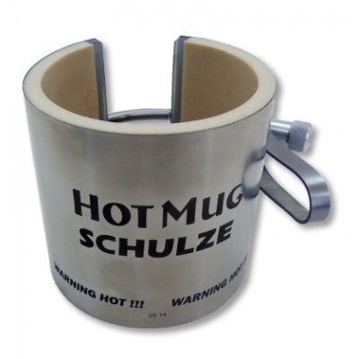 Suporte metálico para caneca com texto Hot Mug Schulze e avisos de calor