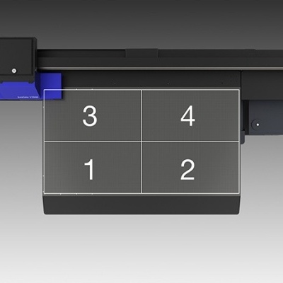 Impressora de grande formato preta e azul com oito números em quadrantes