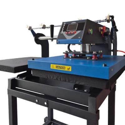 Máquina de serigrafia azul e preta com painel digital e etiqueta de aviso