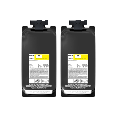 Duas recargas de tinta Epson TS134 amarelo em embalagem preta com etiquetas brancas e amarelas