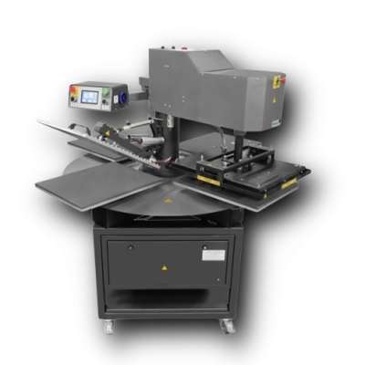 Máquina de impressão térmica industrial cinza escuro com base preta e monitor LCD