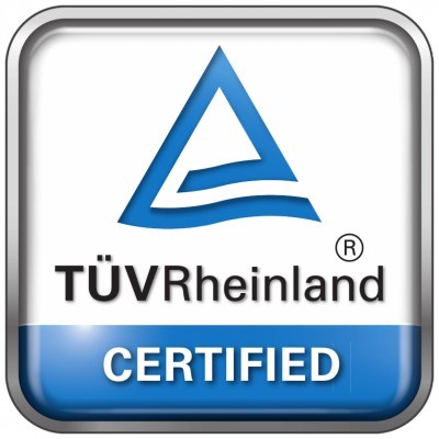 Selo TÜVRheinland CERTIFIED com logotipo azul e fundo branco e azul