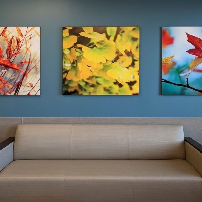 Sofá cinzento claro com braços em madeira, mesas laterais e três quadros decorativos de folhas coloridas numa parede azul