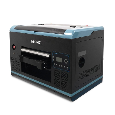 Impressora InkONE preta com detalhes em azul e painel digital