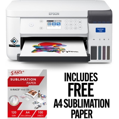 Impressora Epson SureColor F100 branca com pacote de papel de sublimação A4