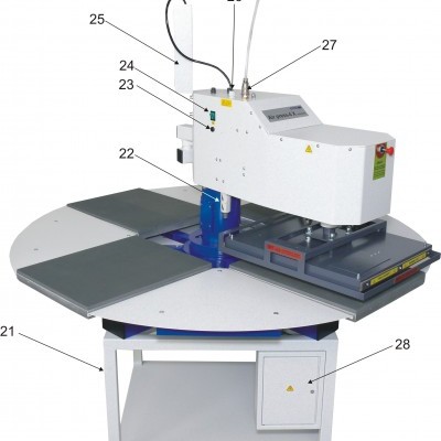 Máquina industrial para estampagem com base giratória e componentes etiquetados