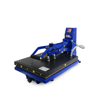 Prensa térmica azul com base preta e painel digital