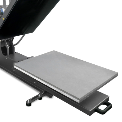 Prensa térmica preta com base cinza e alça preta