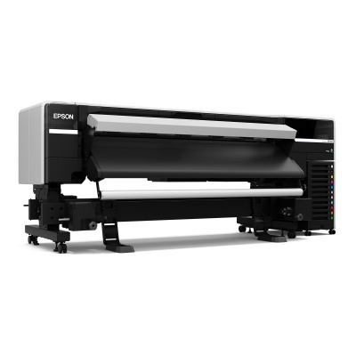 Impressora de grande formato Epson preta e cinza com rolo e painel lateral colorido