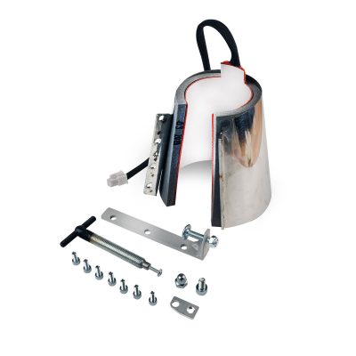 Aparelho metálico prateado com alça preta e parafusos