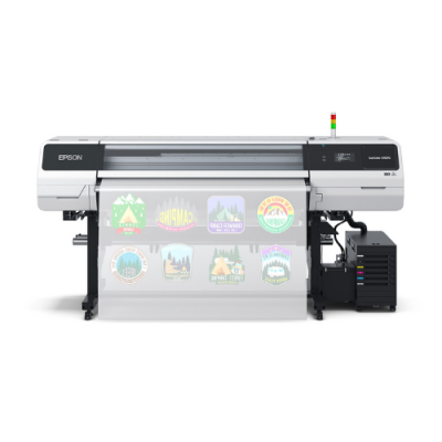 Impressora Epson SureColor SC-S60600 branca a imprimir autocolantes coloridos