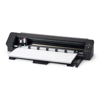 Plotter de recorte preto com papel branco e painel de controlo