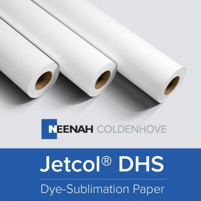 Três rolos de papel branco com texto Jetcol® DHS Dye-Sublimation Paper e logo NEENAH COLDENHOVE