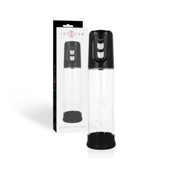 Bomba peniana para ereção automática | Intense Bomba peniana automática Intense em plástico translúcido com tampa e base pretas e embalagem preta