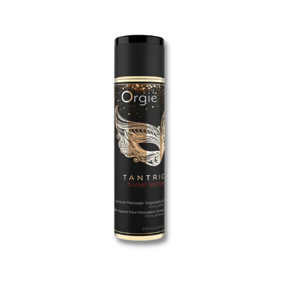 Orgie Tantric - Óleo de massagem Frasco preto com etiqueta dourada e preta com texto ORGIE TANTRIC DIVINE NECTAR