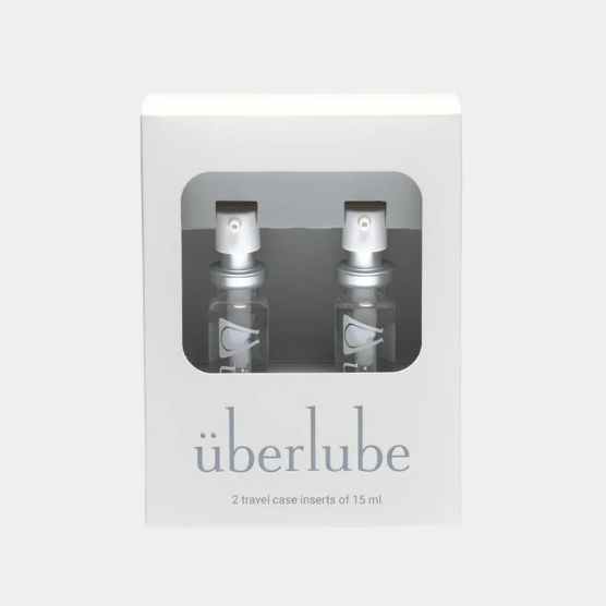 Refil Überlube Good-to-Go 15+15ml - Lubrificante de Silicone Caixa branca com dois frascos de spray transparentes de 15 ml e tampa prateada.