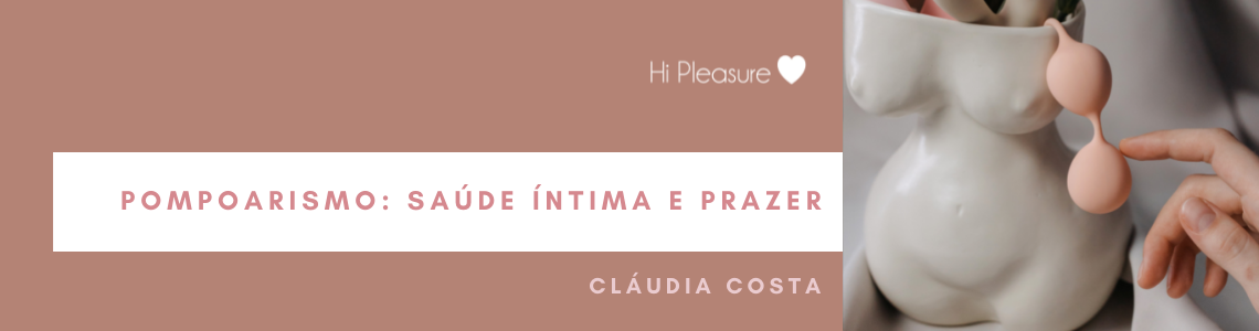Vaso branco com línguas cor-de-rosa e texto sobre pompoarismo em fundo rosa