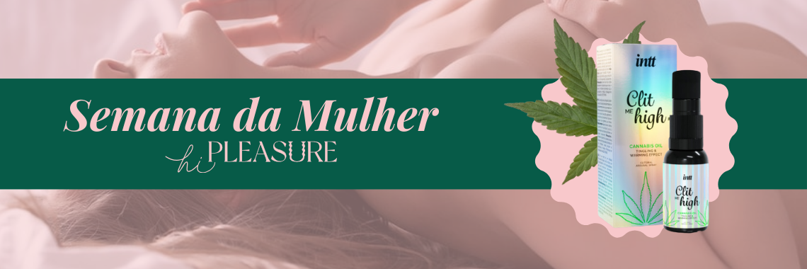 Promoção 'Semana da Mulher' com produtos Get High em embalagem colorida sobre fundo feminino desfocado