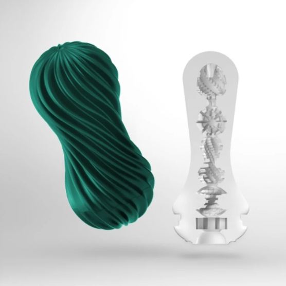 Masturbador com sucção em espiral | Tenga FLEX Dois objetos, um verde com textura espiralada e outro translúcido com partes internas visíveis