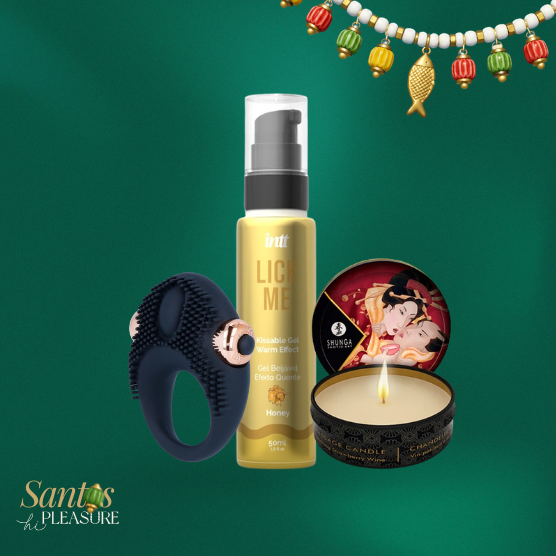 Kit Santo António | Calda sexo oral efeito quente + mini vela de massagem + Anel peniano vibratório Conjunto de anel vibrador preto, gel beijável e vela aromática em fundo verde