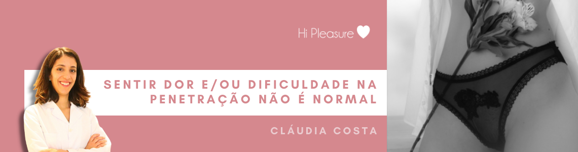 Imagem com mensagem sobre dor na penetração e fotografia de pessoa com roupa interior preta rendada e flor.