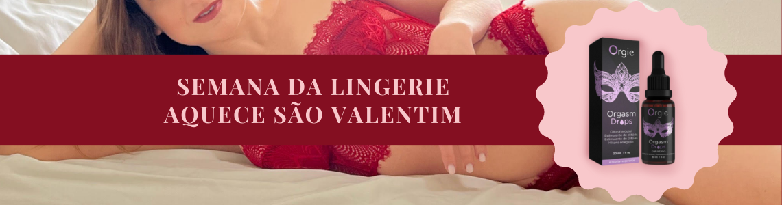 Mulher de lingerie vermelha rendada deitada em cama branca ao lado de embalagem preta de produto Orgie e texto promocional