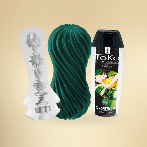Kit Prazer Masculino – Tenga Flex + Lubrificante TOKO Orgânica Duas capas texturizadas para masturbação e frasco de lubrificante TOKO SHUNGA
