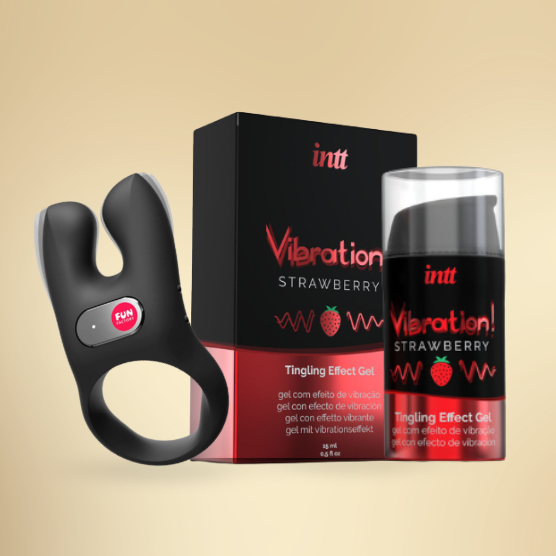Kit Prazer a Dois | Anel vibrador de casal NÓS + Vibrador líquido de morango Brinquedo sexual preto em silicone com botão vermelho e embalagem de gel estimulante Vibration Strawberry.