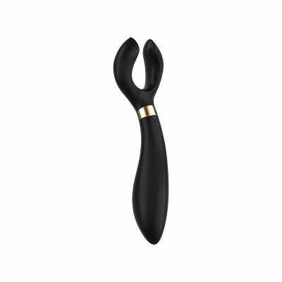 Vibrador preto em silicone com design em U e detalhe dourado