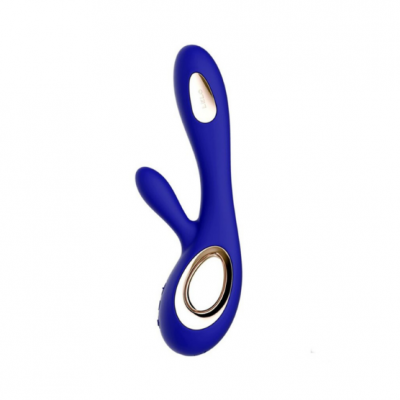 Vibrador azul anatómico com detalhes dourados e botão UR3