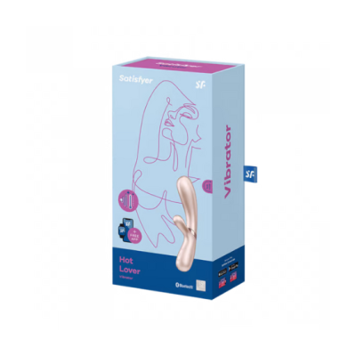 Embalagem azul e rosa do vibrador Satisfyer Hot Lover com ilustração minimalista e texto