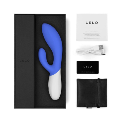 Vibrador azul e branco LELO em caixa preta com acessórios