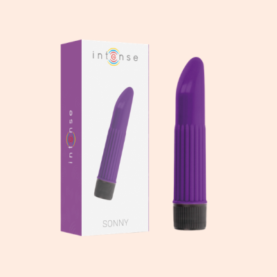 Vibrador roxo com detalhes pretos e embalagem Intense Sonny