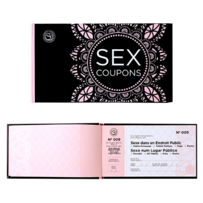Pack de cupons SEX COUPONS capa preta decorada rosa e branco e interior rosa com texto