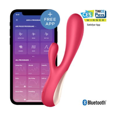 Aparelho sexual cor de rosa e branco junto a smartphone mostrando aplicativo Satisfyer App com selo CES e símbolo Bluetooth