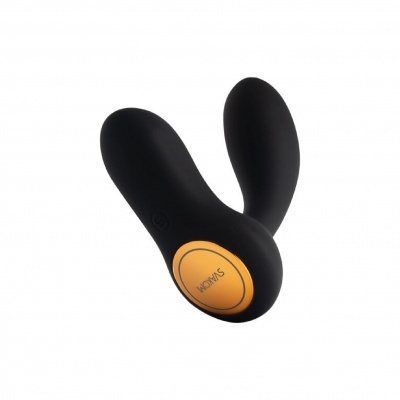 Vibrador duplo preto com botão alaranjado e texto SMOOKI
