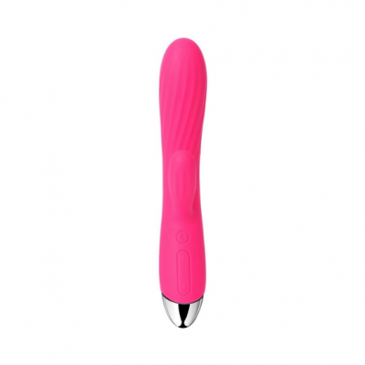 Vibrador rosa de silicone com base metálica e botões de controlo