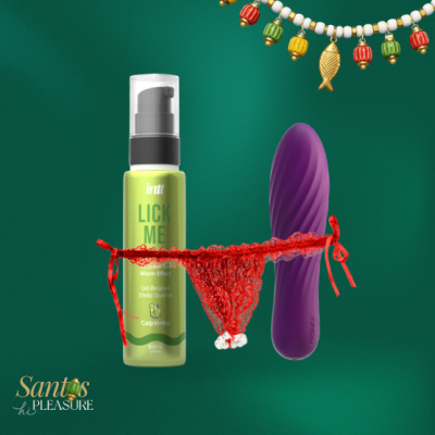 Frasco de gel lubrificante verde, lingerie vermelha rendada e vibrador roxo em fundo verde