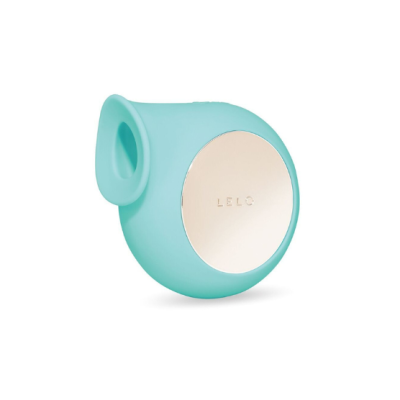 Dispositivo azul claro com superfície espelhada prateada e texto LELO