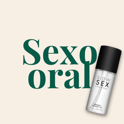 Frasco de óleo de massagem Slow Sex com tampa preta sobre fundo bege e texto Sexo oral