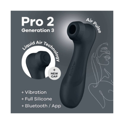 Vibrador preto com tecnologia Liquid Air e funcionalidades Bluetooth e vibração com fundo cinza.