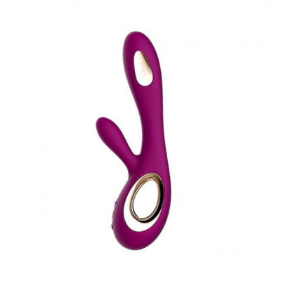 Vibrador roxo com detalhes metálicos dourados e formato curvo