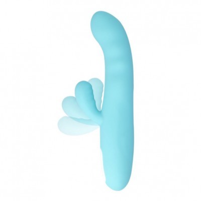 Vibrador azul claro curvo com apêndice articulado e fundo branco