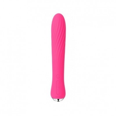 Vibrador rosa com textura espiral e base metálica