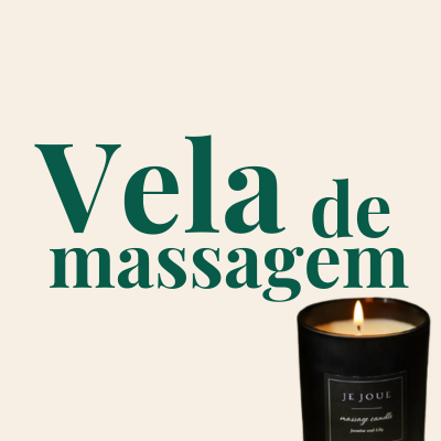 Vela de massagem preta com rótulo Je Joue acesa sobre fundo bege e texto verde