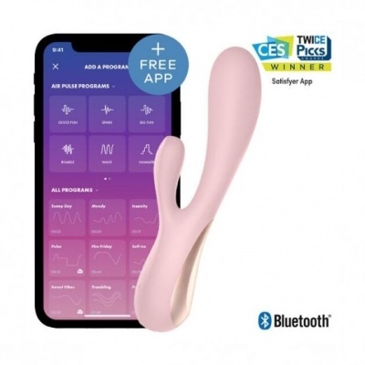 Brinquedo erótico rosa ao lado de telemóvel com aplicação Satisfyer e selos CES e Bluetooth
