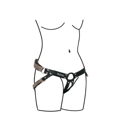 Roupa íntima harness preta e bege com fivela e anel circular